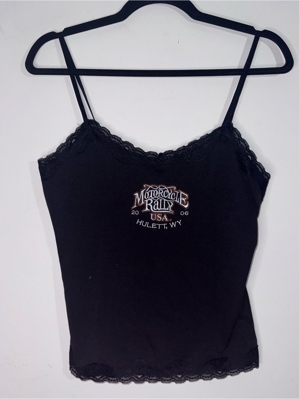 Motorcycle Rally Hulett WY 2006 Lace Trim Cami Tank Top Black Adjustable Straps